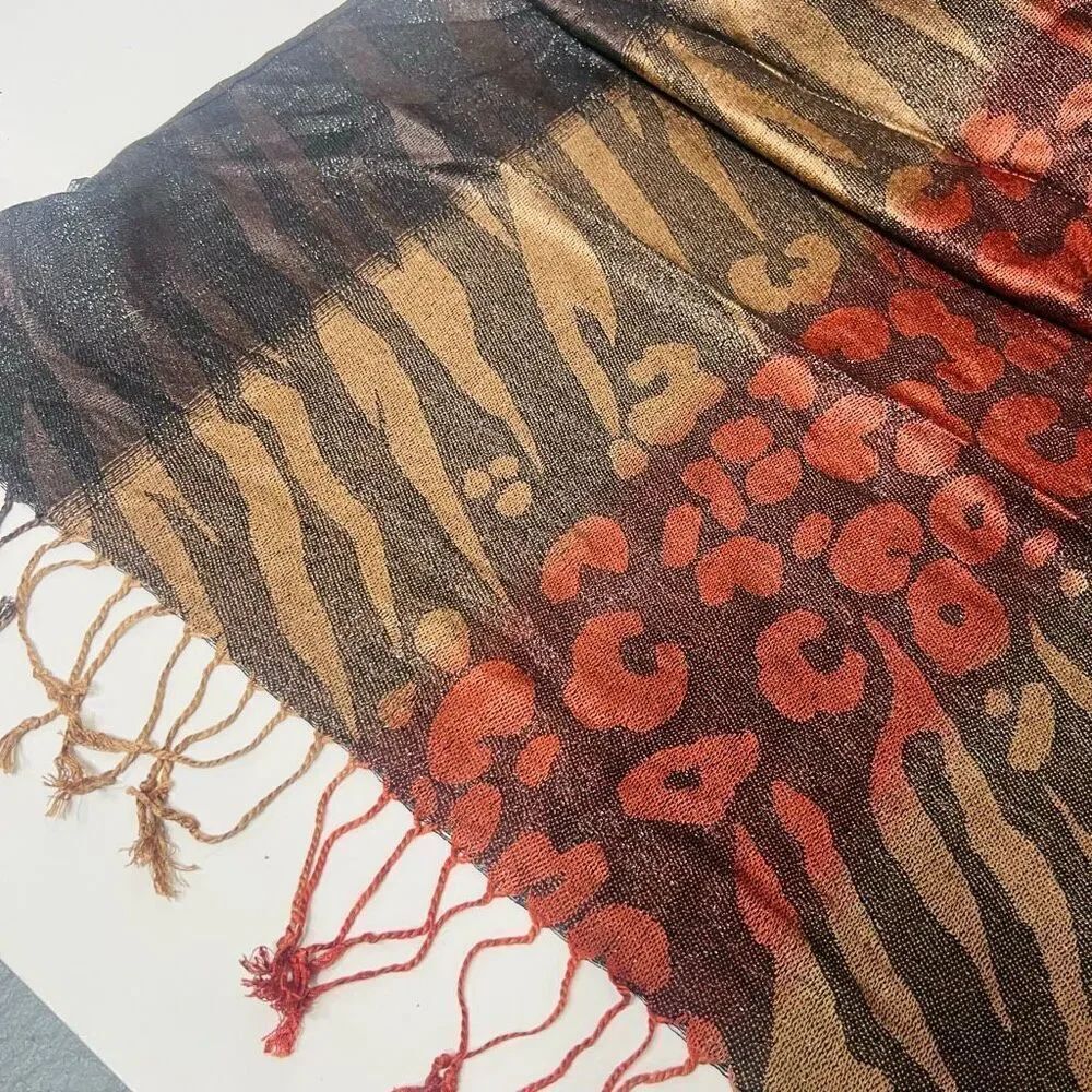Brown Spice Animal Print Metallic Scarf Tassels NWT! - Picture 2 of 7